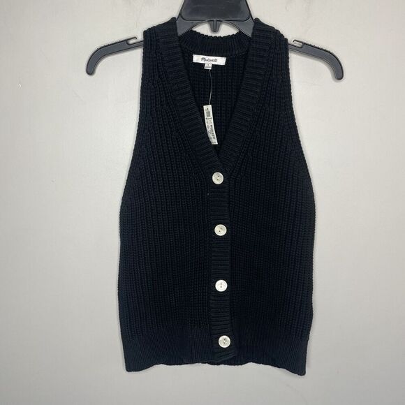 MADEWELL Cutaway Sweater Vest Women Small Black Button Up NEW Cotton Blend NQ338 - Picture 1 of 11